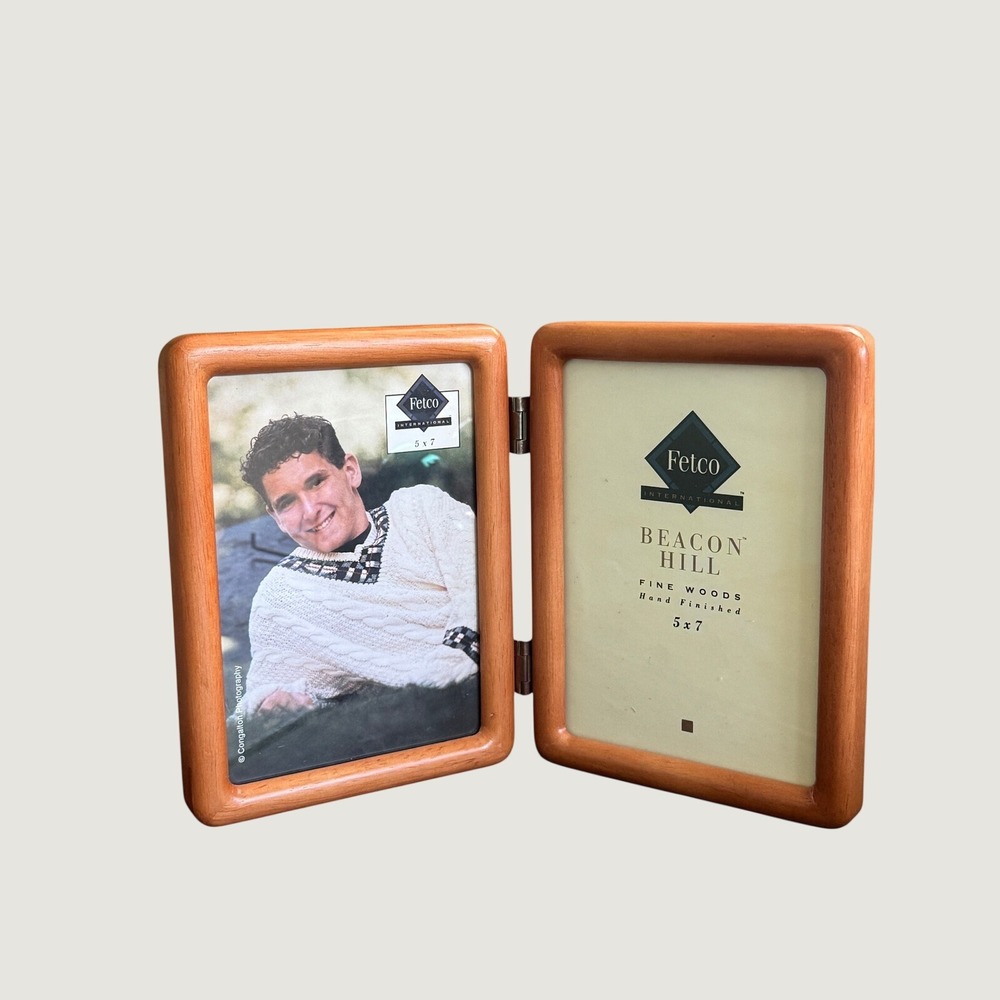 Vintage Teak Wood Double Hinged 5x7 Picture Frame Rounded Corners